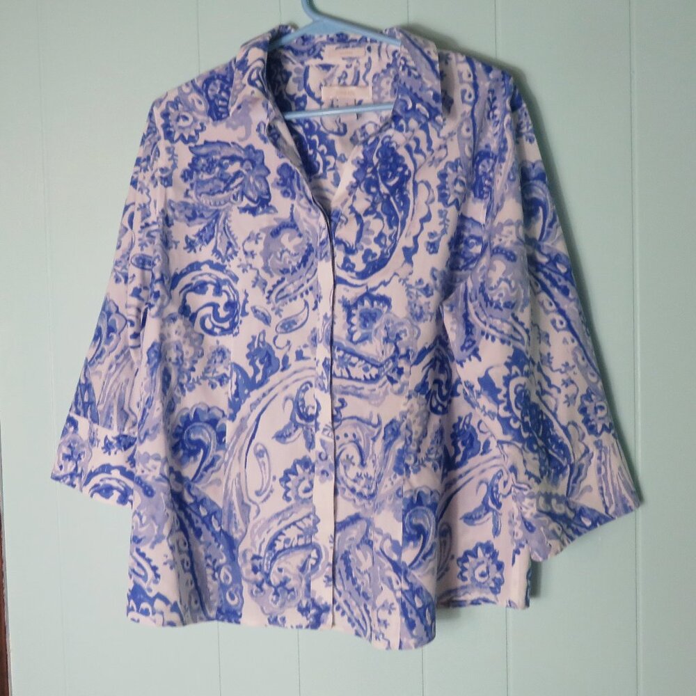Chico's White and Blue Patterned Blouse
